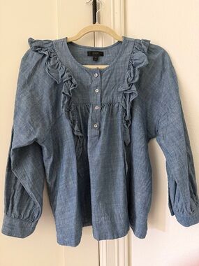 J. Crew Light Blue Chambray Ruffle Button-Front Blouse